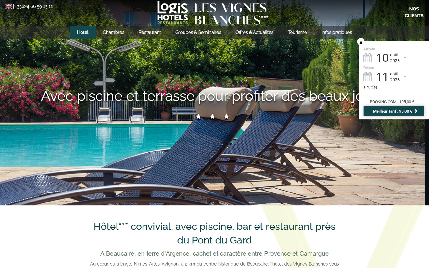 Page d'accueil du site de l'hôtel Les Vignes Blanches